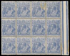 4d Blue marginal block of twelve (4x3), top left unit variety &ldquo;Scratch in front of King&rsquo;s face &ndash; state II, cracked electro; BW.112(2)ga - $5,000 for hinged. Only three mint examples known. Minor staining at right, extensively reinforced, variety unit very