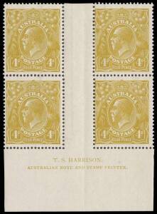 4d Olive, T.S. Harrison imprint block of four with variety &ldquo;Diagonal white line on King&rsquo;s neck&rdquo;, BW.114(4)z - $400