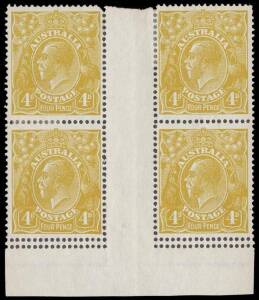 4d Olive &ldquo;No Imprint" (Mullett) imprint block of four with &ldquo;Double perforations (horizontally) at base&rdquo; and variety &ldquo;Diagonal white line on King&rsquo;s neck&rdquo;, BW.114b(4)za - $750 as mint &nbsp; &nbsp; &nbsp; &nbsp; &nbsp; &nbsp;