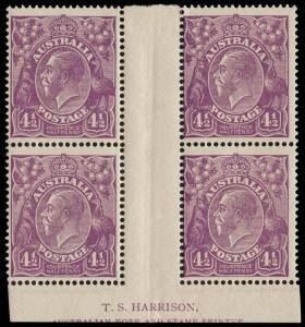 4&frac12;d Violet HARRISON (slightly trimmed) imprint block of four with variety &ldquo;Deformed left bottom frame, and white flaw from wattle to oval &ndash; second state, with break in left frame&rdquo;; &nbsp;BW.118zb - $350. &nbsp; &nbsp; &nbsp; &nbsp;&nbsp;
