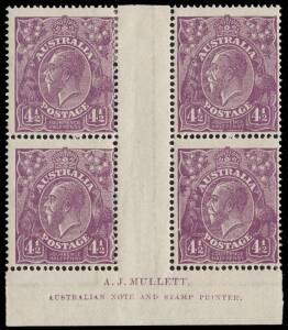 4&frac12;d Violet Mullett imprint block of four with variety &ldquo;Deformed left bottom frame, and white flaw from wattle to oval &ndash; second state, with break in left frame&rdquo;: BW.118zD - $300.
