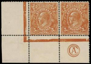 5d Chestnut, Single-line Perf 14, CA Monogram corner pair with variety &ldquo;Damaged N.W. corner &ndash; state II, additional flaw in beard&rdquo;; BW.122za - $1,000.