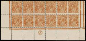 5d Chestnut, Single-line Perf 14, CA Monogram [under 57] positional block of twelve with variety &ldquo;Notched left frame above lower corner&rdquo;; BW.122zb - $4,000++. Light toning.