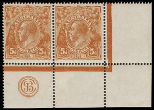 5d Chestnut, Single-line Perf 14, JBC Monogram corner pair with variety &ldquo;Retouched N.E. corner&ldquo; and &ldquo;Flawed P of PENCE&rdquo;; BW.122zF - $1,000.