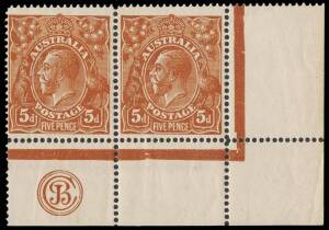 5d Deep Chestnut, Single-line Perf 14, JBC Monogram corner pair with variety &ldquo;Retouched N.E. corner&ldquo; and &ldquo;Flawed P of PENCE&rdquo;; BW.122zf - $1,000+.