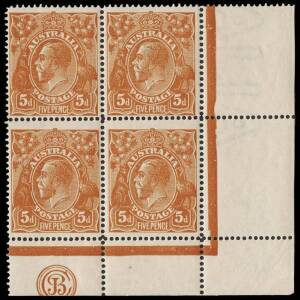 5d Chestnut, Single-line Perf 14, JBC Monogram corner block of 4 with varieties &ldquo;Retouched N.E. corner&ldquo; and &ldquo;Flawed P of PENCE&rdquo;; BW.122zf - $1,250. &nbsp; &nbsp; &nbsp; &nbsp; &nbsp; &nbsp; &nbsp; &nbsp;&nbsp;&nbsp;