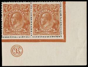 5d Chestnut, Comb Perf 14, JBC Monogram corner pair with varieties &ldquo;Retouched N.E. corner&ldquo; and &ldquo;Flawed P of PENCE&rdquo;; &nbsp;BW.123zb - $1,250..