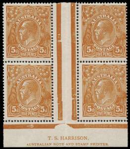 5d Chestnut, Comb Perf 14, T.S. HARRISON two-line imprint block of four; BW.123ze -$7,500. Very RARE.