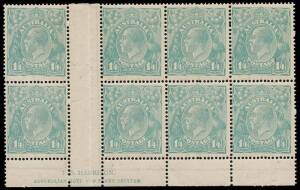 1/4 Greenish-blue, T.S. Harrison imprint block of eight with variety &ldquo;Thick 1 at right&rdquo;, full imprint; BW.128Bz,m - $8,500. Very minor tone spot.