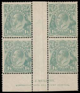1/4 Greyish Blue, A.J. Mullett imprint block of four; BW.128Eza - $3,500. Fine.