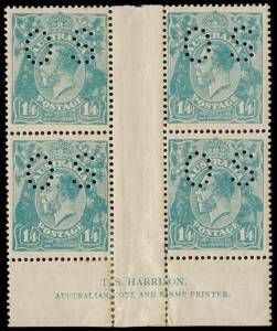 1/4 Turquoise-Blue, T.S. Harrison imprint block of four, perforated OS, with wide margin and full imprint; BW.128A,ba,z - $7,500 for normal. Reinforced and creased.