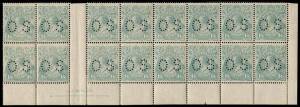 1/4 Turquoise-Blue, A.J. &nbsp;MULLETT imprint block of sixteen, perforated OS, with variety &ldquo;Thick 1 at right&rdquo;; BW.128A,ba,za. Reinforced.