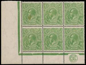 &frac12;d Green, JBC Monogram, corner block of six; BW.65(4)z, $300+. Surface mark top L unit.