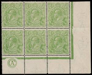 &frac12;d Pale Dull Green, CA Monogram corner block of six; BW.65D(4)zb - $300+.
