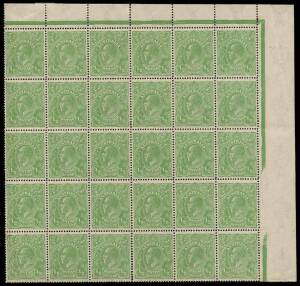 &frac12;d Bluish Green, top right corner block of 30 [1-30] with varieties &ldquo;White flaw at top of emu&rsquo;s leg&rdquo; and &ldquo;Horizontal crack through King&rsquo;s head&rdquo;; BW.65A(5)I,j. Slight separation. &nbsp; &nbsp; &nbsp;&nbsp;
