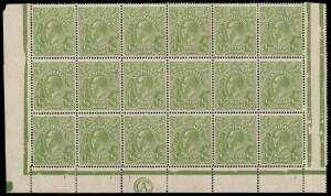 &frac12;d Pale Bluish Green, CA Monogram lower marginal, Left pane block of eighteen [43-60] with variety &ldquo;Cracked electro &ndash; second state, left wattles to forearm of kangaroo&rdquo;, BW.65A(5)z,ha - $650++. Some reinforcement.