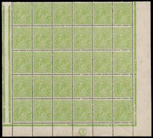 &frac12;d Pale Bluish Green, CA Monogram substituted for JBC, bottom right corner block of 30 [31-60] with varieties &ldquo;White flaw in left wattles&rdquo; and &ldquo;Thin fraction at right&rdquo;; BW.65A(5)zd,k,m - $930.
