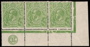 &frac12;d Bluish Green, JBC Monogram corner strip of three; BW.65A(5)z - $300.
