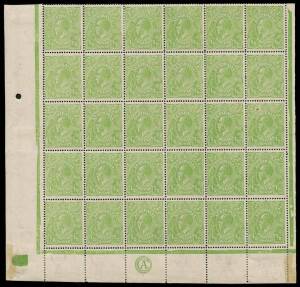 &frac12;d Yellowish green, CA Monogram, Left Pane lower marginal block of thirty [31-60] with "White flaw in King's hair"; BW.65E(5)z - $300++. Some reinforcement.