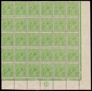&frac12;d Yellowish Green, CA Monogram substituted for JBC, bottom right corner block of 30 [31-60] with varieties &ldquo;White flaw in left wattles&rdquo; and &ldquo;Thin fraction at right&rdquo;; BW.65E(5)zd,k,m - $930.