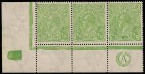 &frac12;d Yellowish Green, CA Monogram corner strip of three; BW.65E(5)z - $300. &nbsp;&nbsp;