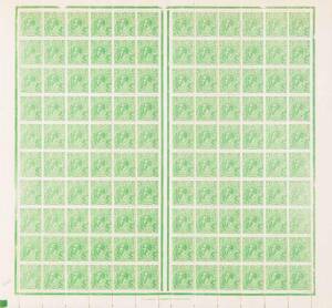 &frac12;d Green complete sheet of 120 with T.S. Harrison one-line imprint and most of the ACSC listed varieties; BW.65(7)z and vars. One stamp creased and other minor creasing.
