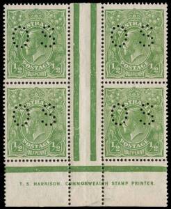 &frac12;d Bluish Green, T.S. HARRISON one-line imprint block of four, perforated OS; BW.65Aba(7)z - $450 for normal.
