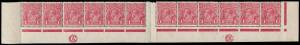 1d Carmine-Pink, Cooke printing (G101), Plate 4, Left and Right pane lower marginal strip of twelve with CA and JBC Monograms plus the variety, &ldquo;Kangaroo&rsquo;s tongue out&rdquo;; BW.73(4)z,zb - $20,000++. Minor blemishes. A great rarity.