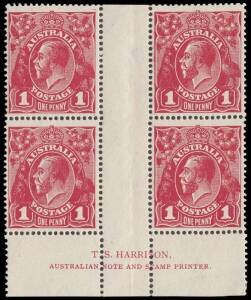 1d Deep Carmine-Rose (G105), T.S. Harrison imprint block of four; BW.74B(3)z - $1,500. Stamps MUH.