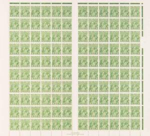 1d Green complete sheet of 120 with T.S. Harrison imprint showing the four listed ACSC varieties; BW.78(3)z,d-g - $1,430. Odd blemish.