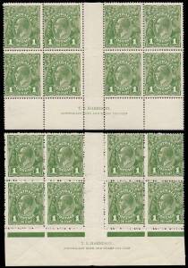1d Green, T.S. Harrison Plates 3 and 4 imprint blocks of eight, the latter with varieties &ldquo;Ferns&rdquo; and &ldquo;RA of AUSTRALIA joined&rdquo;; BW.79(3)z and (4)z - $325. &nbsp; &nbsp;&nbsp;