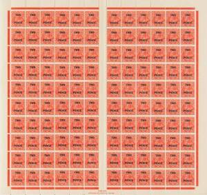 TWO PENCE on 1&frac12;d Red Die II complete sheet of 120 with Ash imprint and plate dots; BW.101(3)zb,ze. Very minor tone on the selvedge.