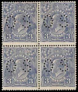 3d Blue, Type A, INVERTED watermark, perforated OS, block of four; BW.106ba - $400.&nbsp;