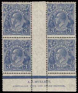 3d Blue, A.J. Mullett Plates 3 and 4 imprint blocks of 4; BW.106z,za - $700.