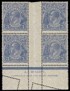 3d Blue, A.J. MULETT Plate 4 imprint block of four with additional perforations in bottom selvedge; BW.106za.