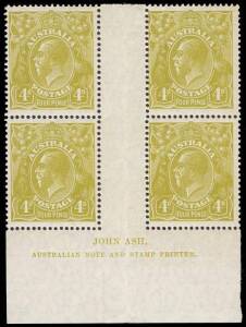 4d Olive, John Ash imprint block of four; BW.115(3)z - $1,000.
