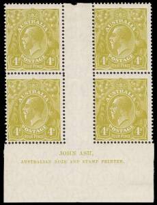 4d Olive, John Ash imprint block of four with variety &ldquo;Diagonal white line on King&rsquo;s face; BW.115(4)z - $1,200. &nbsp; &nbsp; &nbsp; &nbsp;