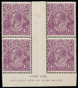 4&frac12;d Reddish Violet, John Ash imprint block of four with variety &ldquo;Deformed left bottom frame, and white flaw from wattle to oval second state &ndash; break in left frame&rdquo;; BW.119Bza - $400.