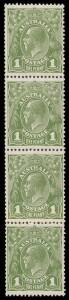 1d Green, INVERTED watermark, coil strip of four with varieties &ldquo;Ferns&rdquo; and &ldquo;RA joined of AUSTRALIA (retouched)&rdquo;; &nbsp;BW.81a(4)ia,ja. Unusual combination.