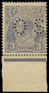 3d Dull Blue, Die II, INVERTED watermark, perforated OS; SG.O106bw - &pound;16,000, BW.108Caa - $25,000. Marginal example, selvedge reinforced and toned. Two mint examples recorded both being perforated OS