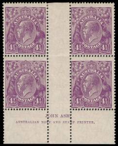 4&frac12;d Blue-Violet, Die I, Ash imprint block of four with variety &ldquo;Deformed left bottom frame, and white flaw from wattle to oval&rdquo;; &nbsp;BW.120Az - $550. Slight toning. &nbsp; &nbsp; &nbsp; &nbsp;