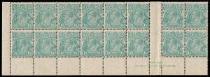 1/4 Greenish Blue, John Ash imprint block of sixteen with variety &ldquo;Retouched S.W. corner&rdquo;; BW.130Az,g - $9,700. Even toning and a selvedge thin.