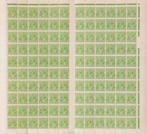 1d Green complete sheet of 120 with John Ash imprint, INVERTED watermark and nine of the listed ACSC varieties; BW.82(4)z and vars. Some separation, one unit creased.