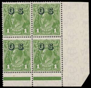 1d Green, optd OS, INVERTED watermark, lower right corner block; SG.O129w - &pound;5,200 as singles, BW.82(OS) - $10,000. 2012 Ceremuga Certificate. Fine 2**/2*.