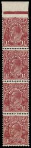 1&frac12;d Red-Brown, marginal strip of four, variety &ldquo;IMPERFORATE between stamp and margin at top&rdquo;; &nbsp;BW.94b - $12,500. Only eleven such strips recorded. Ex Baille.