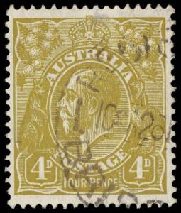 4d Olive, INVERTED watermark, cancelled at Brisbane, fine used; SG.129w - &pound;10,000, BW.117a - $20,000.&nbsp;