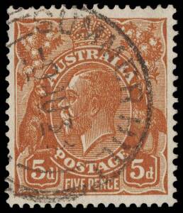 5d Orange-Brown, INVERTED watermark, with variety &ldquo;White flaw on d of right 5d &ndash; state II, additional white scratch behind kangaroo&rdquo; [R43], cancelled SUMMER HILL/9AU33, SG.103w - &pound;8,000, BW.127a(3)la - $12,500. 2012 Ceremuga Certificate. Unique with varie