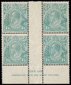 1/4 Greenish Blue, John Ash imprint block of four; BW.131Az - $750. &nbsp; &nbsp; &nbsp; &nbsp;