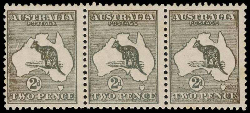 2d Grey (Die 1) the UNIQUE horizontal strip of 3, the first unit [L55] showing the varieties "Retouched left frame and shading N.W. of map" [BW:7(1)j] in combination "with an additional scratch from left frame to map" [BW:7(1)ja - $12,500 for Mint]. The v