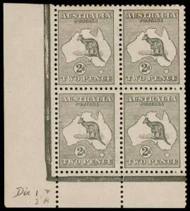 2d Grey (Die 1) lower left corner block of 4, the lower left unit [L55] being the "substituted cliche (Die 2A)" variety; upper pair Mint, lower pair, including the variety MUH. BW:7(1)jb - $7500 (but not priced MUH or in a block). SG.35a - £8000. Extremel